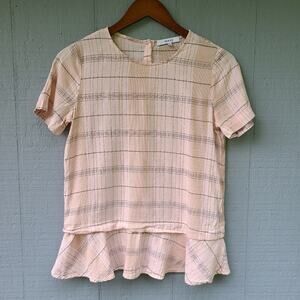 Ro & De Plaid Ruffle Hem Peplum Tee Top Small Pink